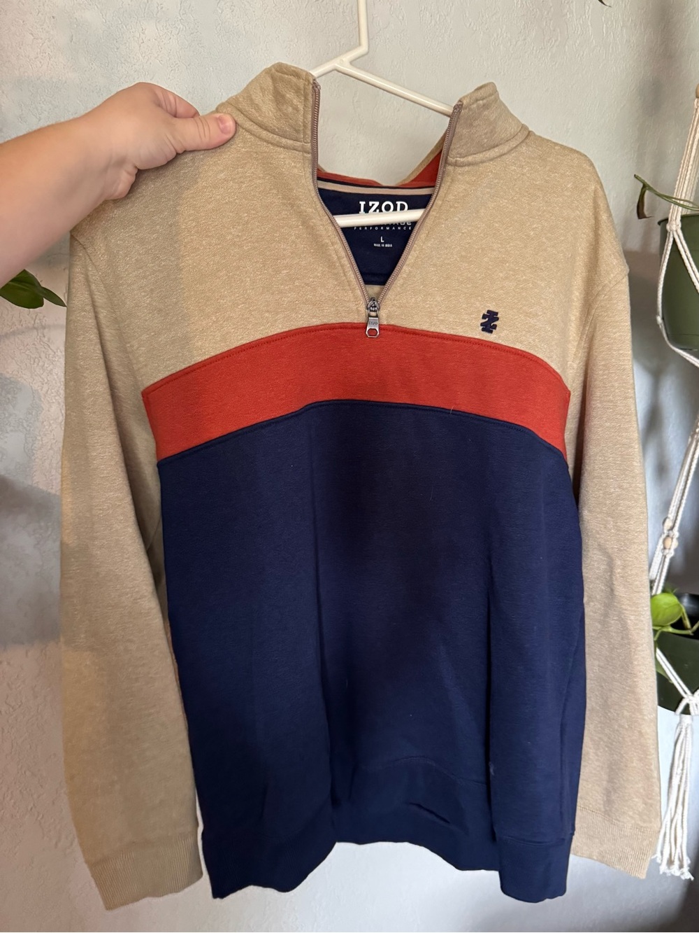 IZOD Men’s Colorblock Quarter-Zip Sweater - Beige, Orange & Navy